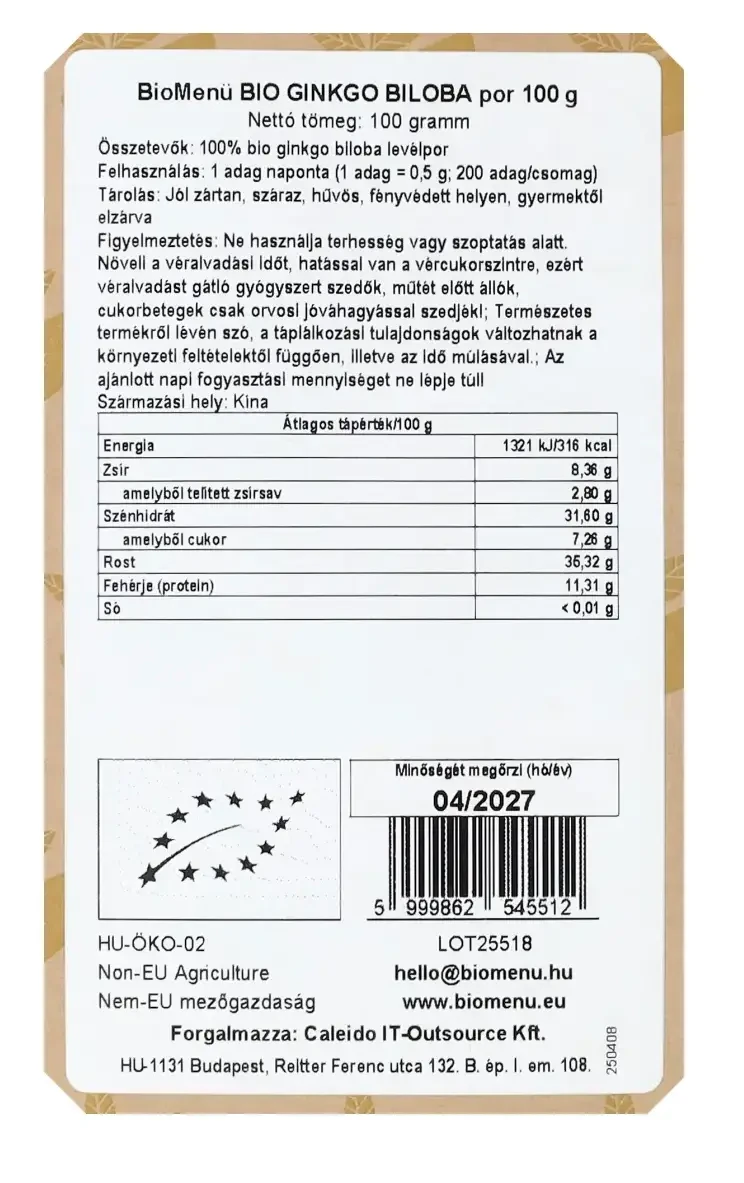Biomenü Bio Ginkgo Biloba por 100g