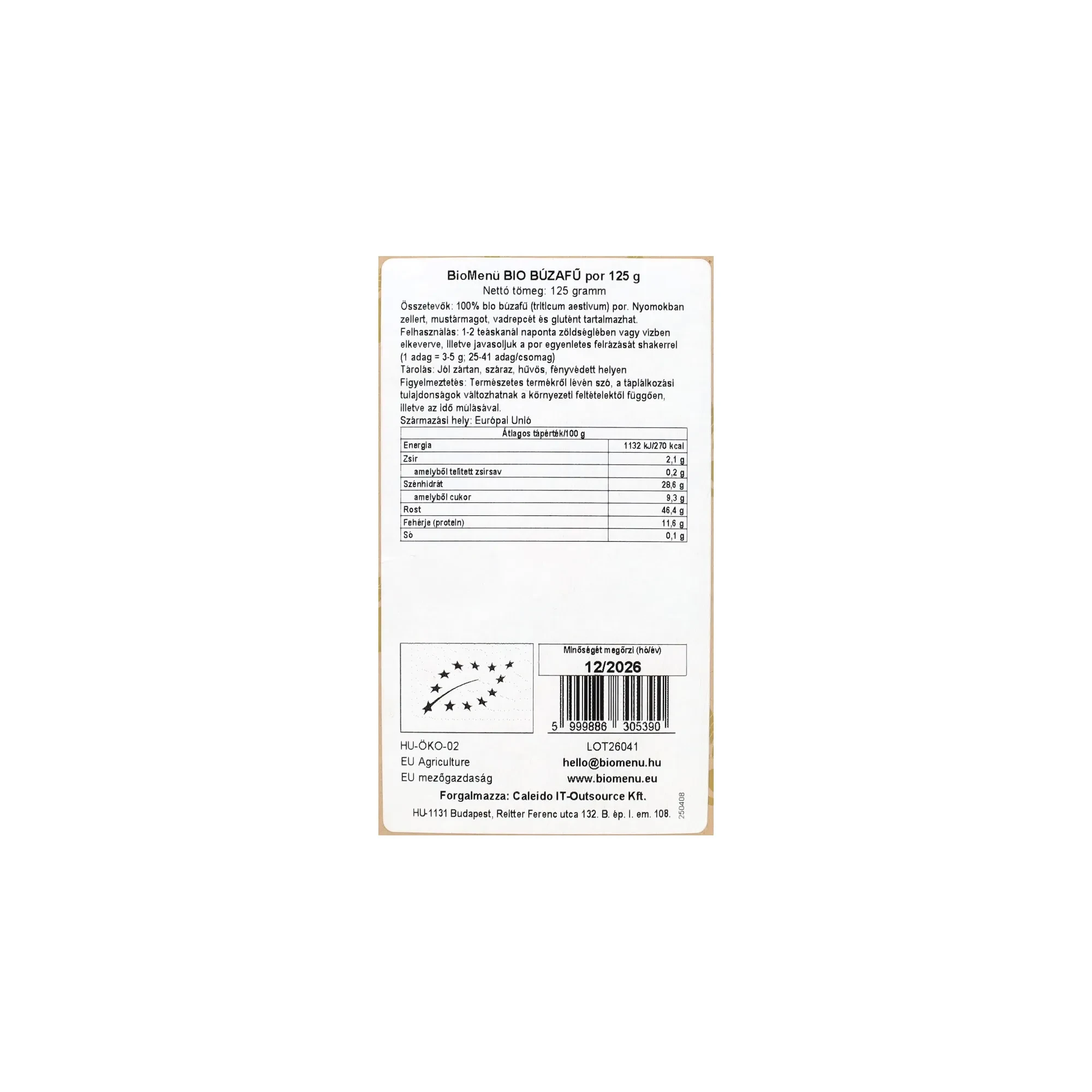 BioMenü Bio Búzafű por 125g
