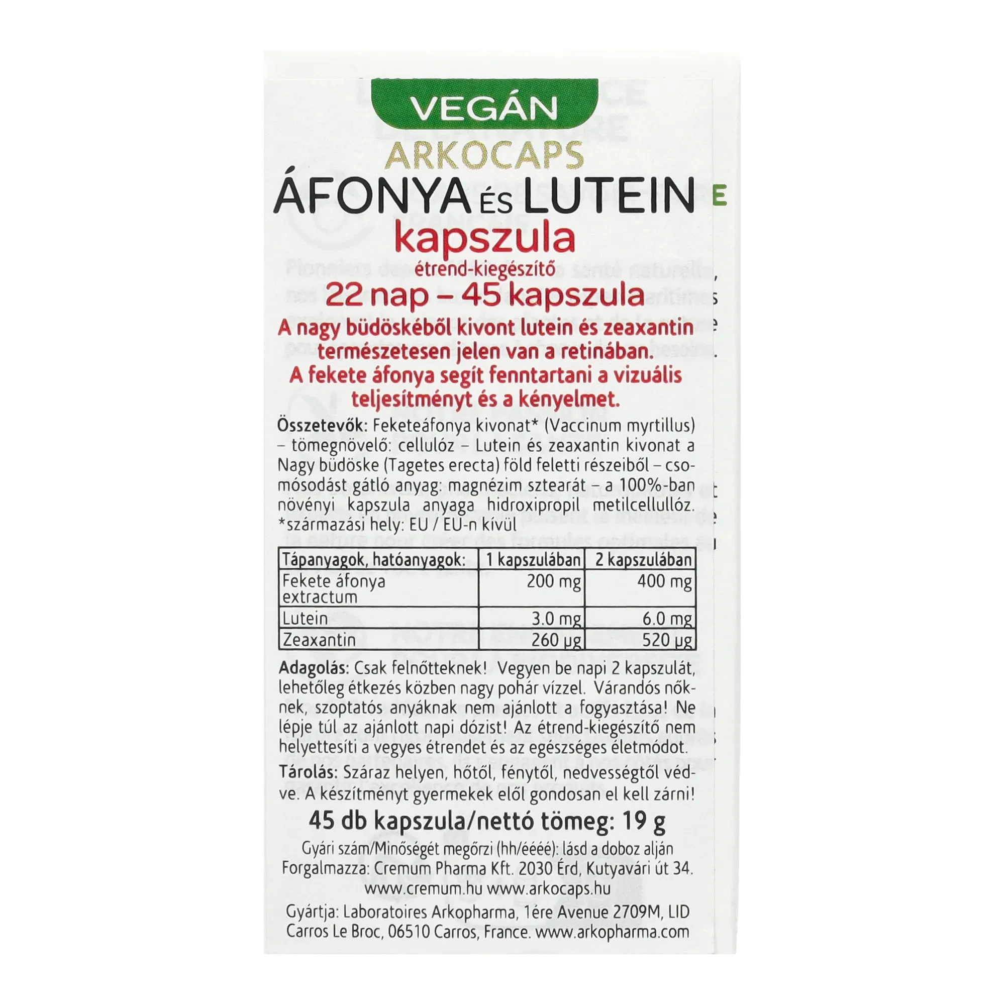 Arkocaps Áfonya és Lutein kapszula 45 db