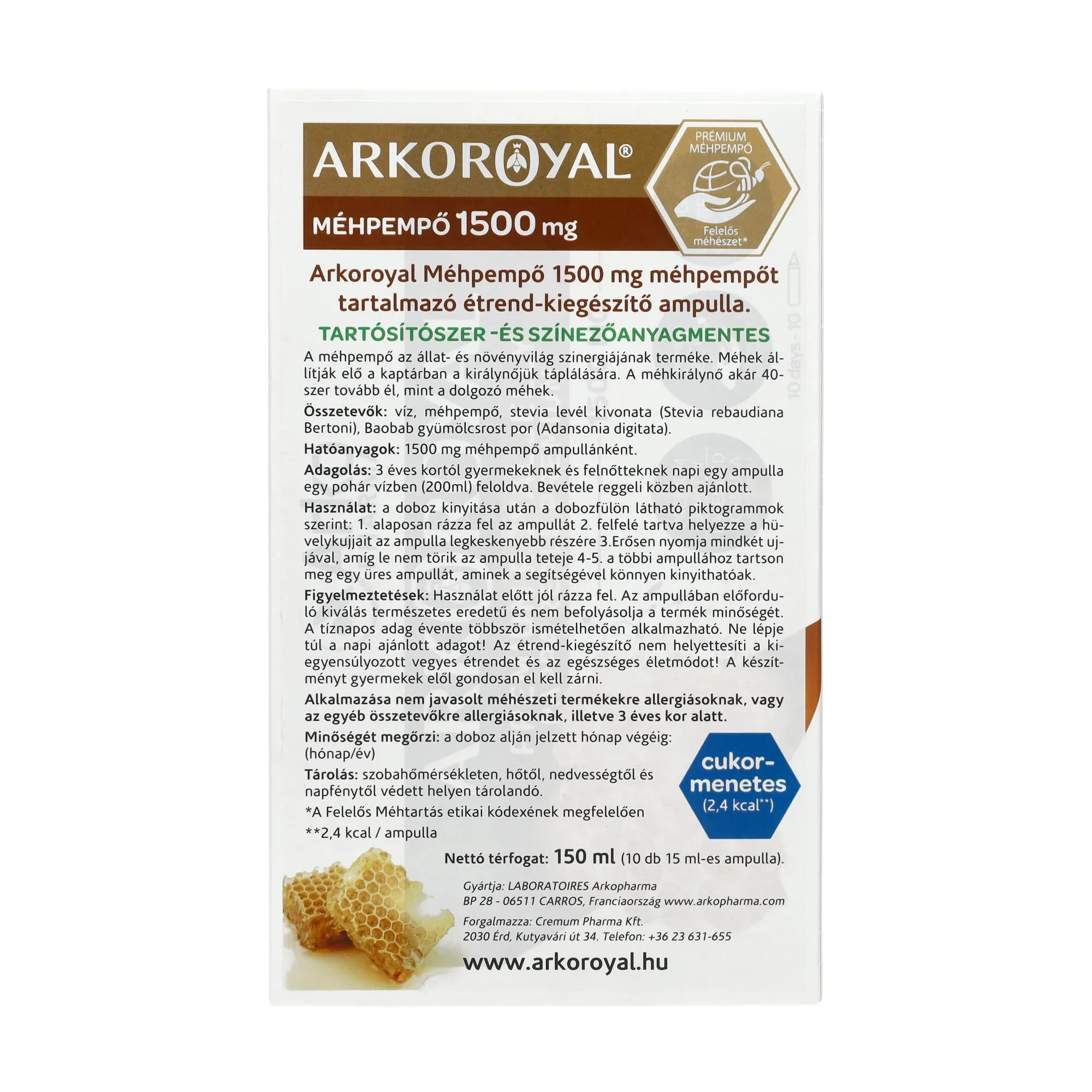 Arkoroyal Méhpempő 10 db cukormentes ampulla 1500 mg