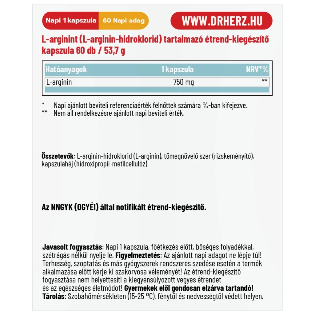 Dr.Hert L-arginin HCL 750 mg Kapszula 60 db