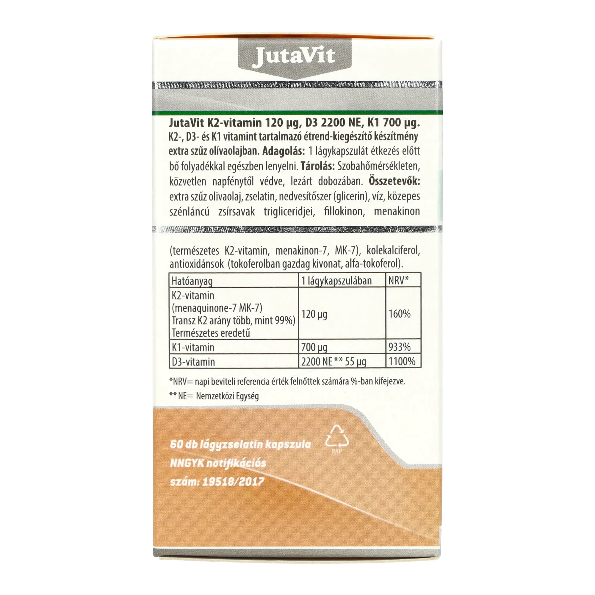 JutaVit K2 (120µg)+ D3(2200NE)+ K1(700µg) vitamin lágyzselatin kapszula 60db