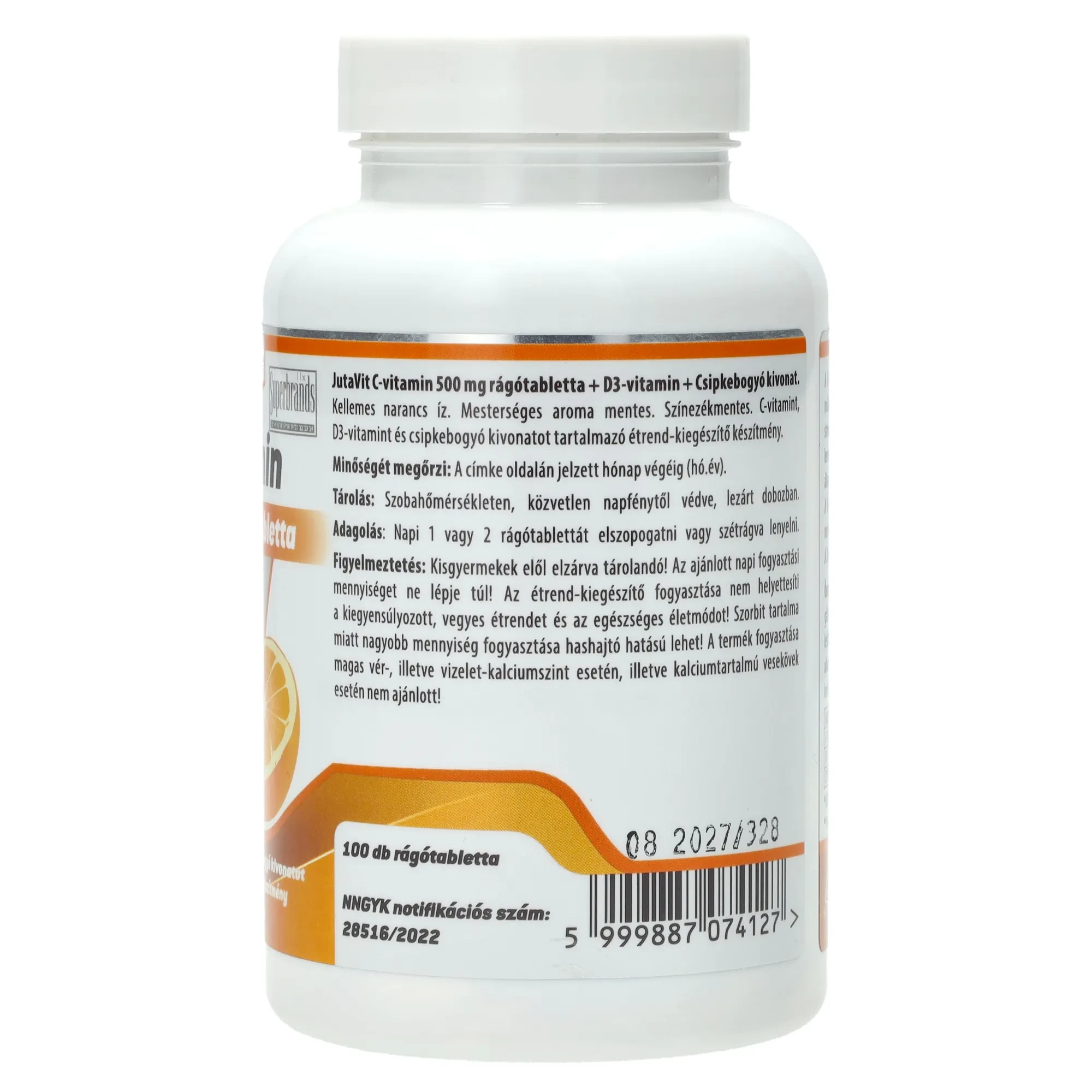 JutaVit C-vitamin 500mg + D3 vitamin + Csipkebogyó kivonat rágótabletta 100db