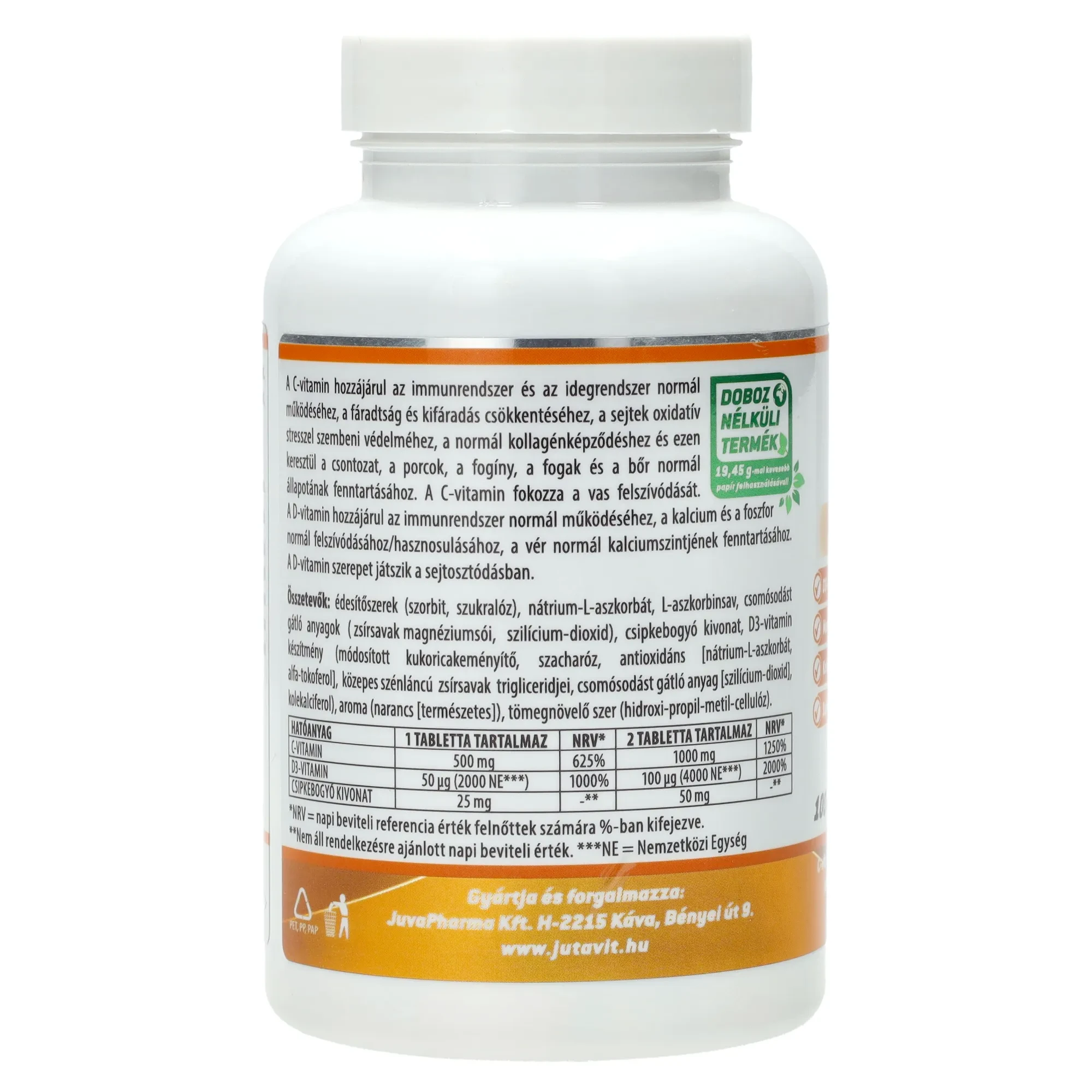 JutaVit C-vitamin 500mg + D3 vitamin + Csipkebogyó kivonat rágótabletta 100db