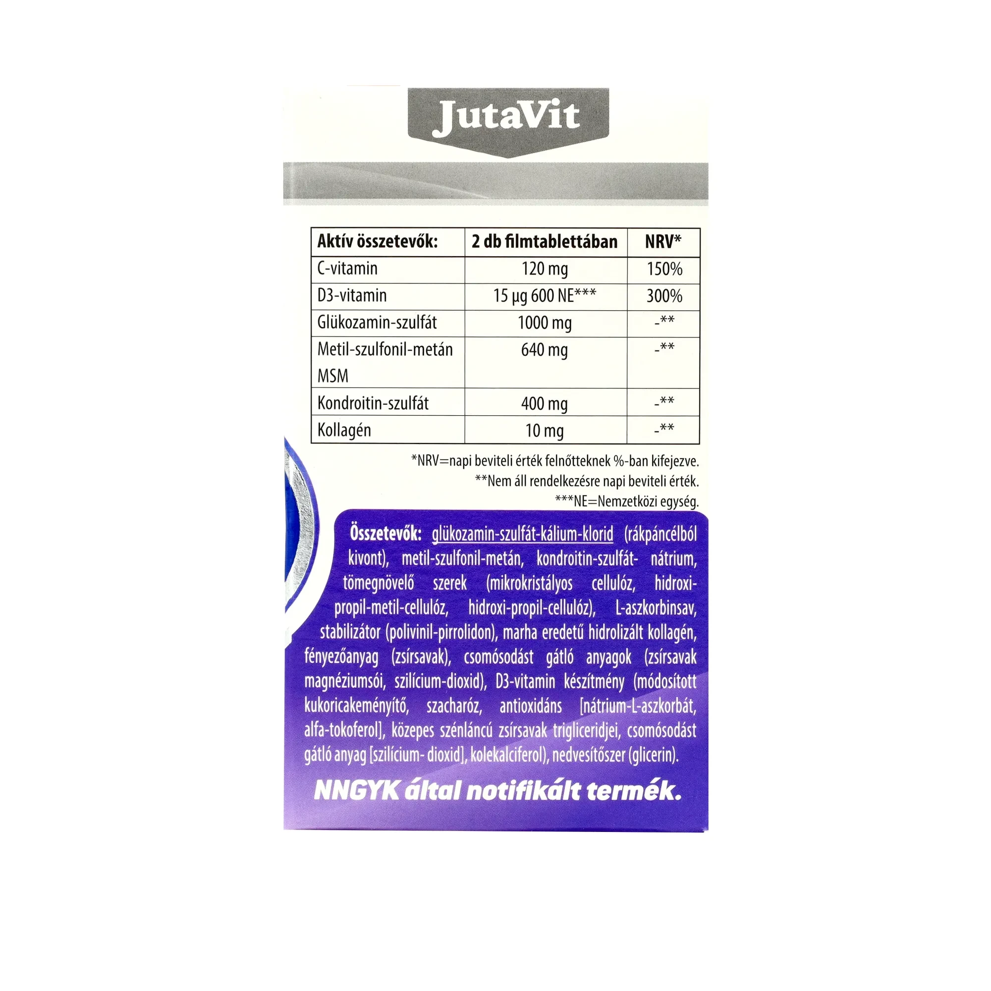 JutaVit Glükozamin+Kondroitin+MSM+Kolagén D+C vitamin tabletta 120db