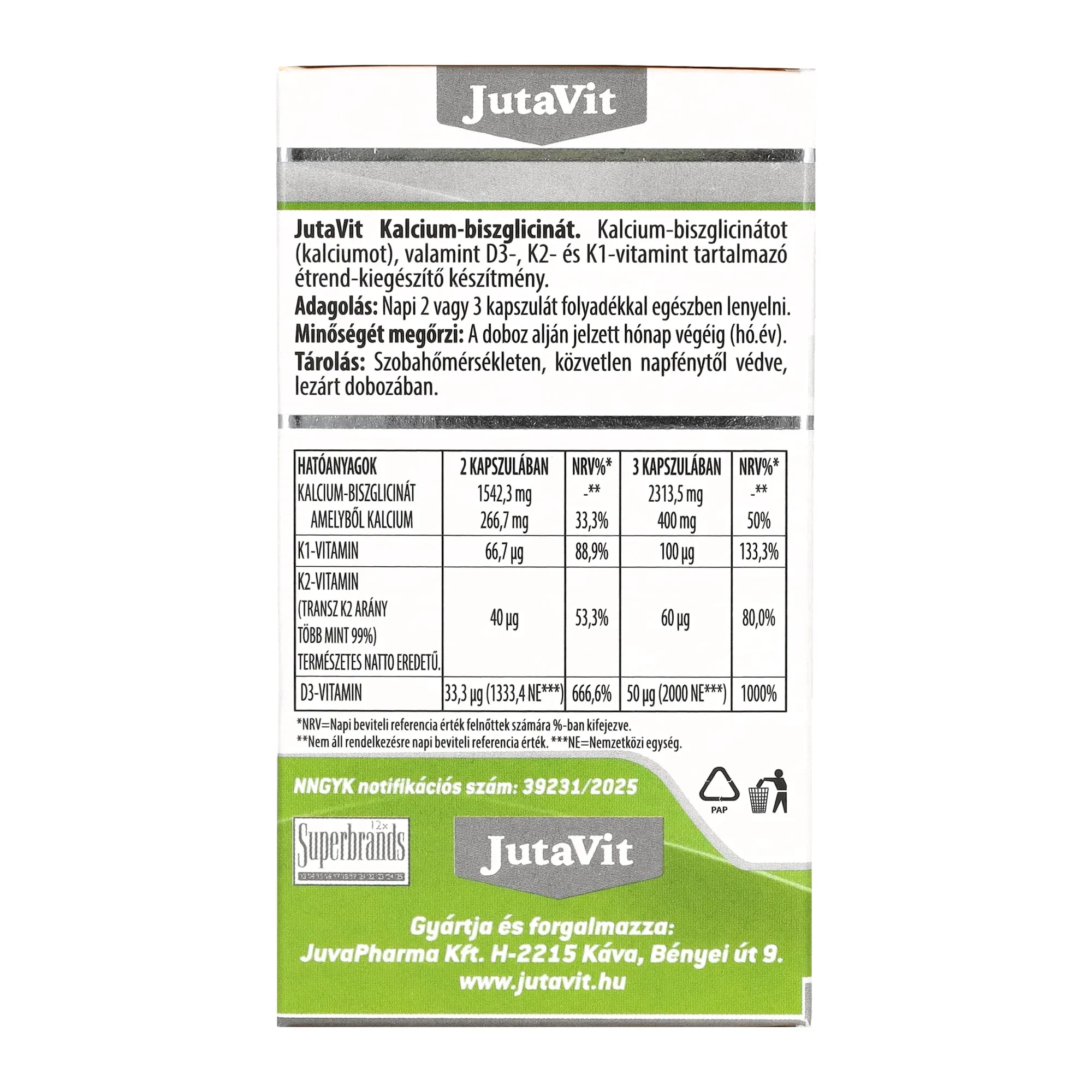 Jutavit Kálcium Biszglicinát + D3 + K2 + K1 vitamin 60 db kapszula