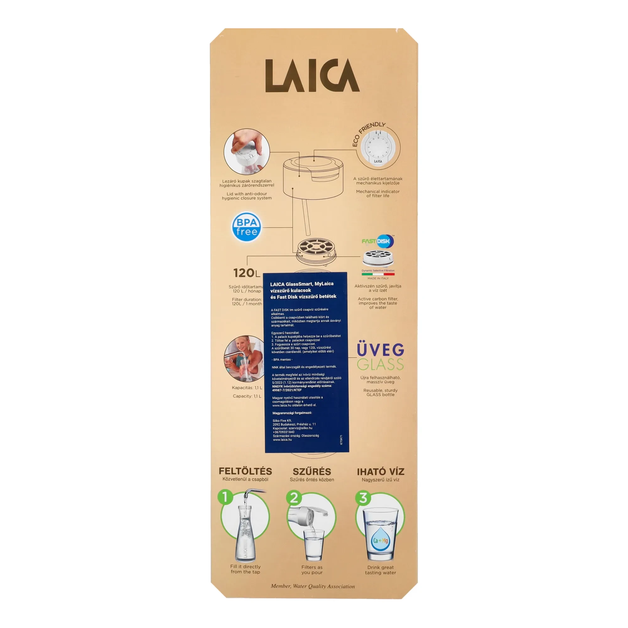 LAICA GlasSmart 1,1 literes üveg vízszűrő palack 1 db szűrő disk-kel