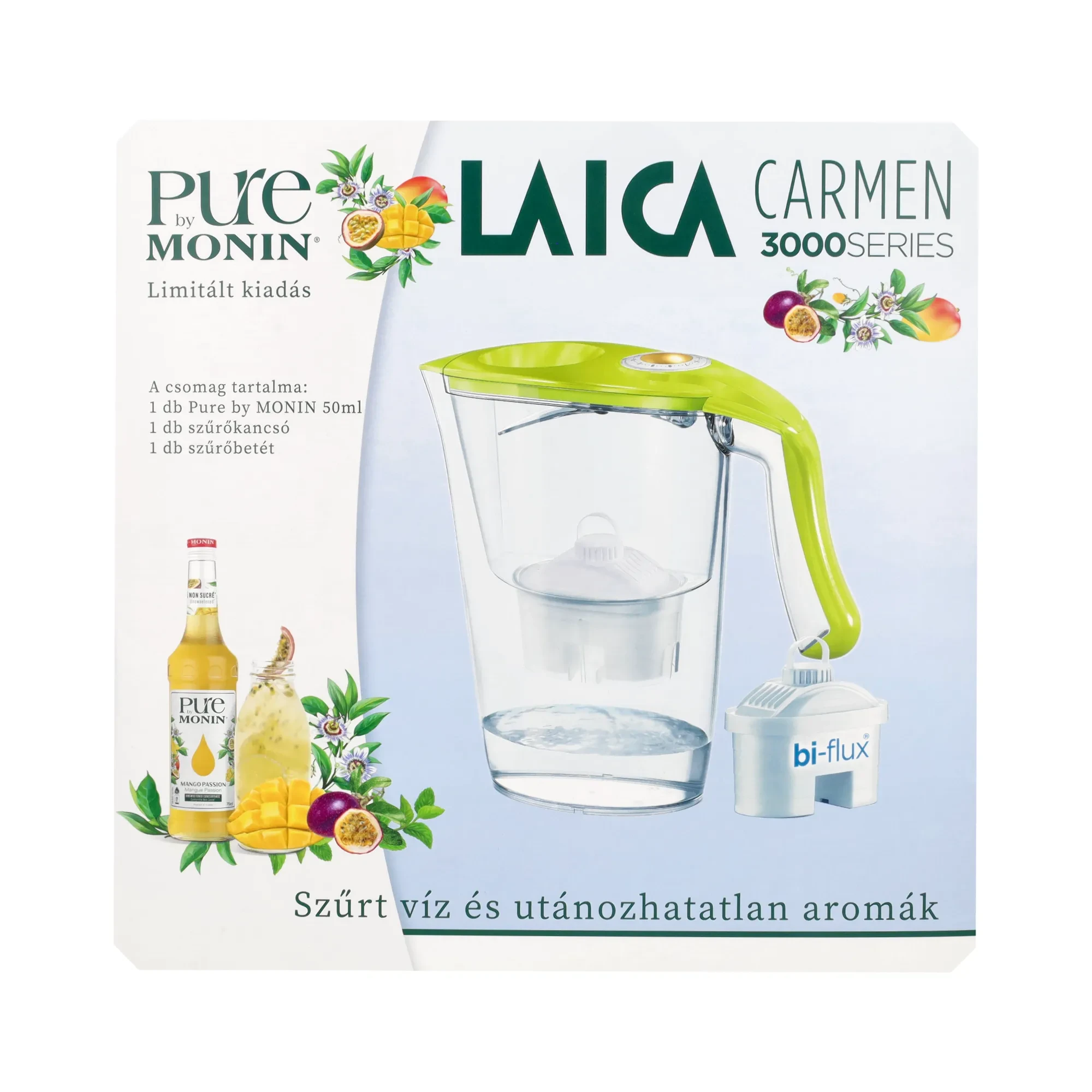 LAICA Carmen Norma zöld vízszűrő kancsó mechanikus kijelzővel 2,3 L_limitált Monin Pure 50 ml kiadás