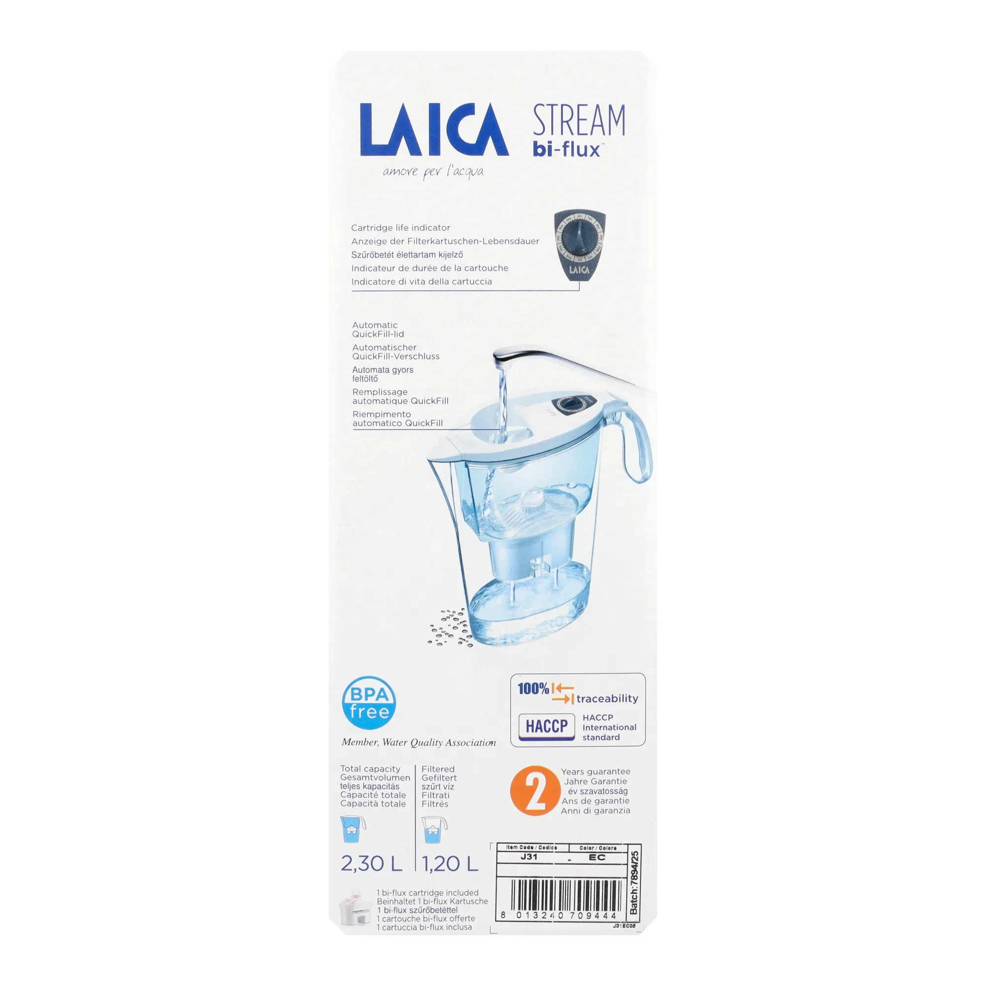 LAICA Stream Line fehér vízszűrő kancsó mechanikus kijelzővel 3db magnézium active bi-flux szűrővel