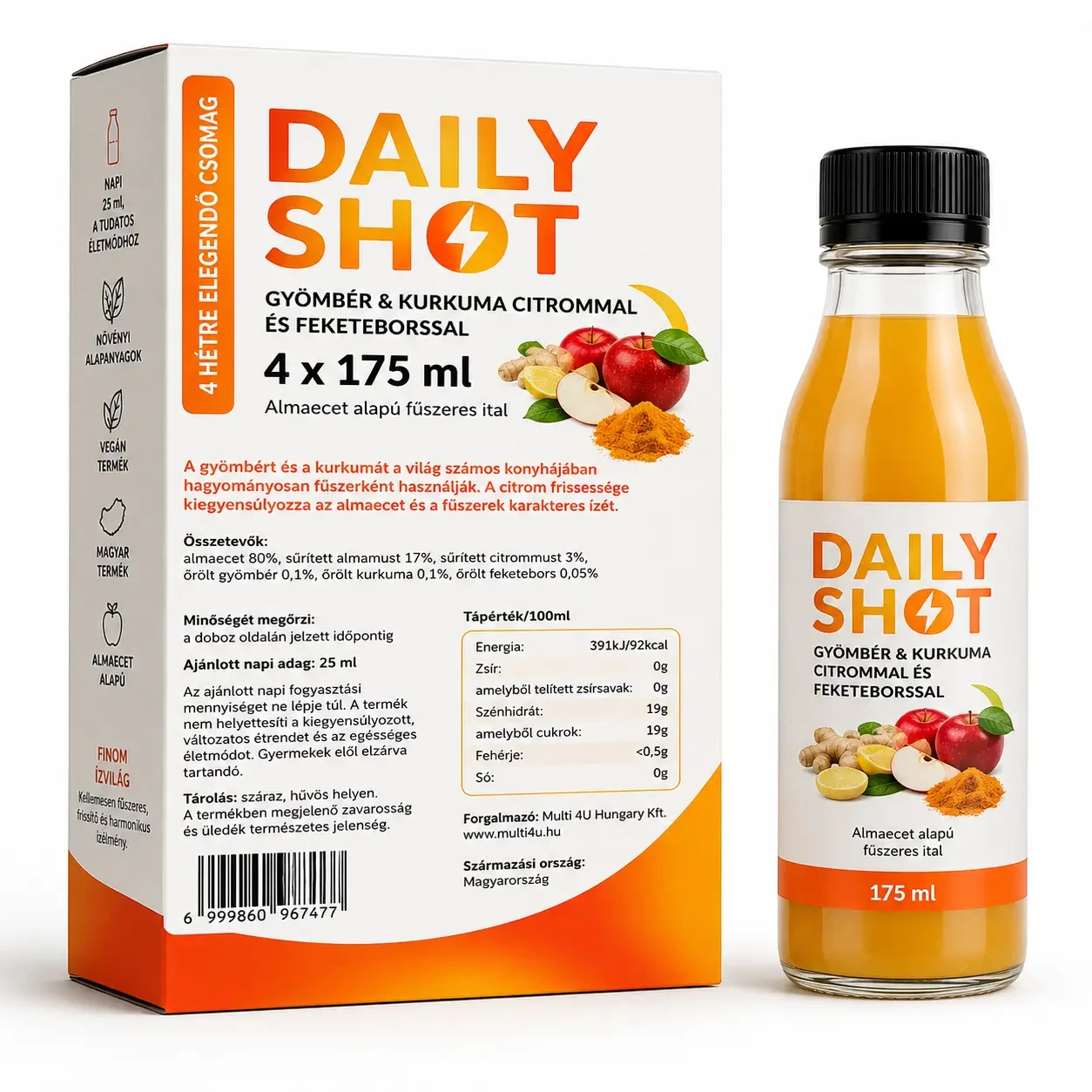 Multi 4U DAILY SHOT Gyömbér & Kurkuma citrommal és feketeborssal 4x175 ml