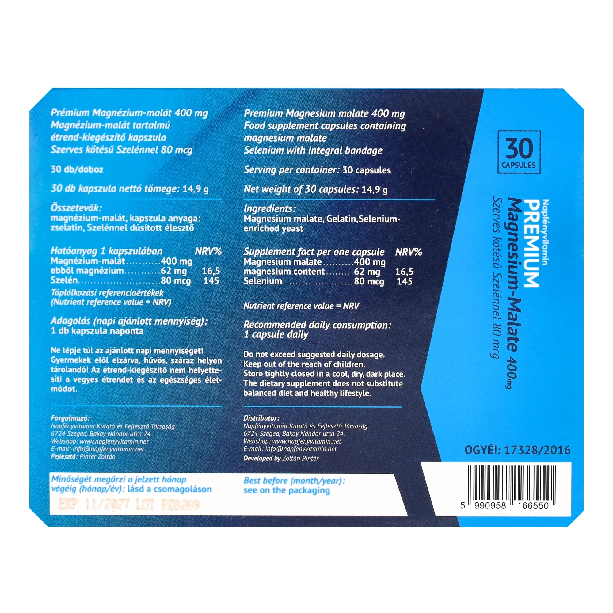 Napfényvitamin Prémium Magnézium-malát 400 mg szerves kötésű szelénnel 80 mcg 30db
