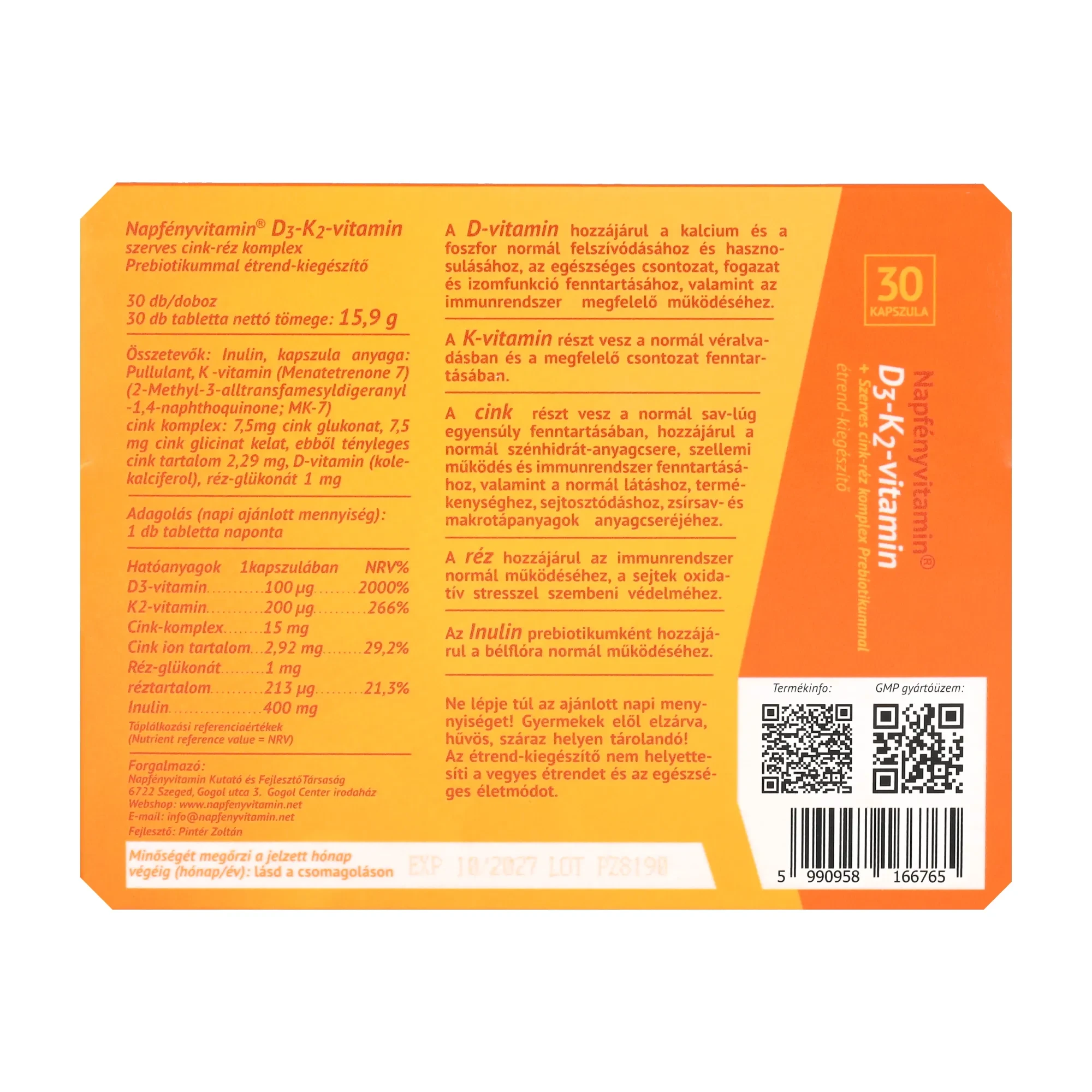Napfényvitamin D3-K2-vitamin és szerves cink-réz komplex prebiotikummal 30db