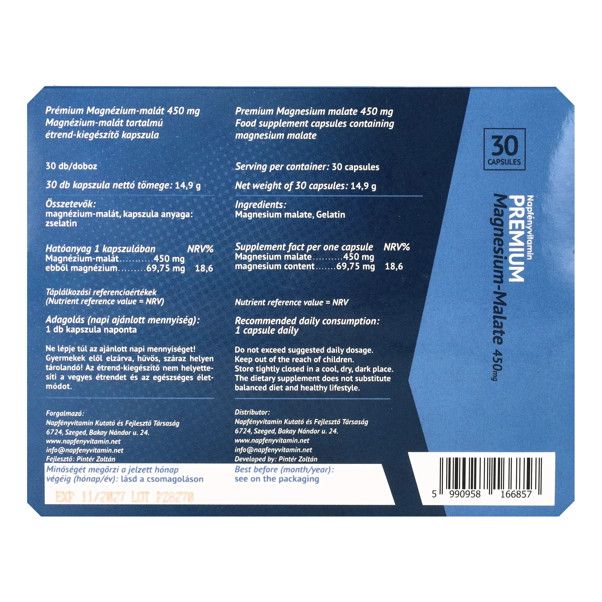 Napfényvitamin Prémium Magnézium-malát 450 mg 30db
