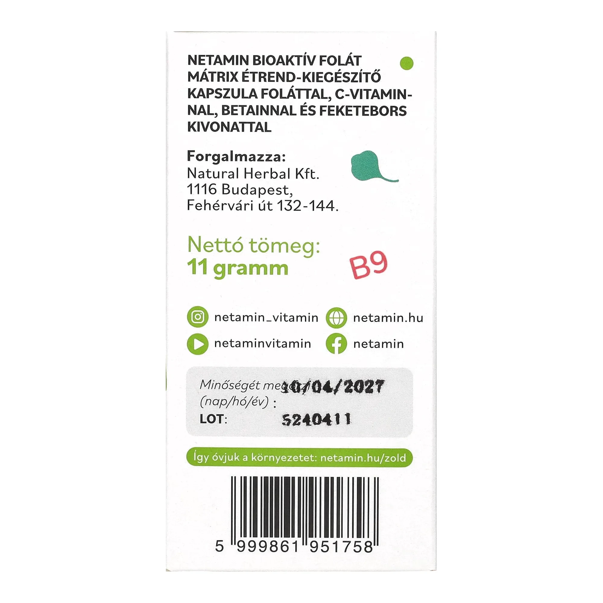 Netamin Bioaktív Folát Mátrix kapszula 30 db