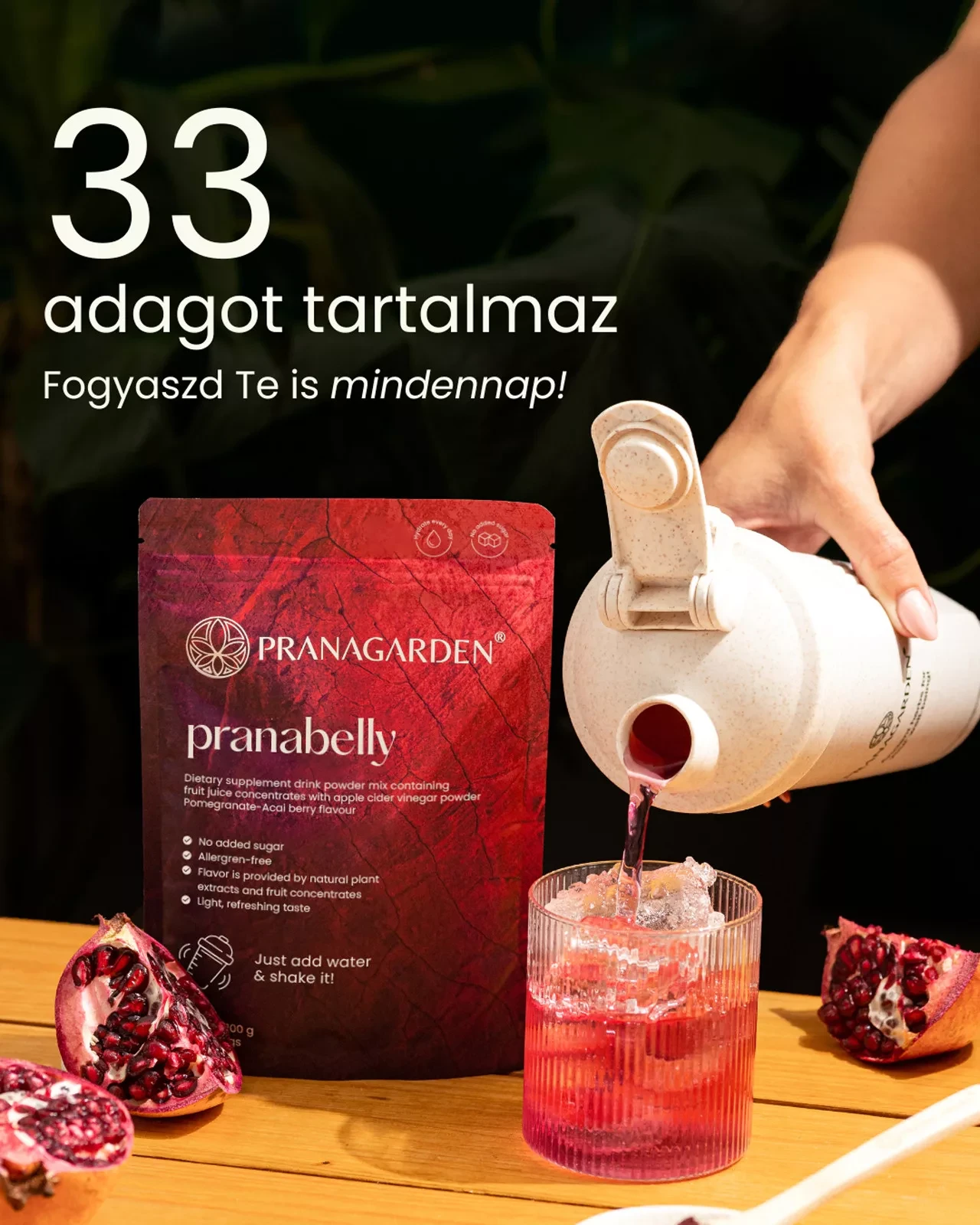 Pranagarden Pranabelly magas rosttartalmú bélflóra támogató pre-probiotikus víz italpor acai és gránátalma- 100g