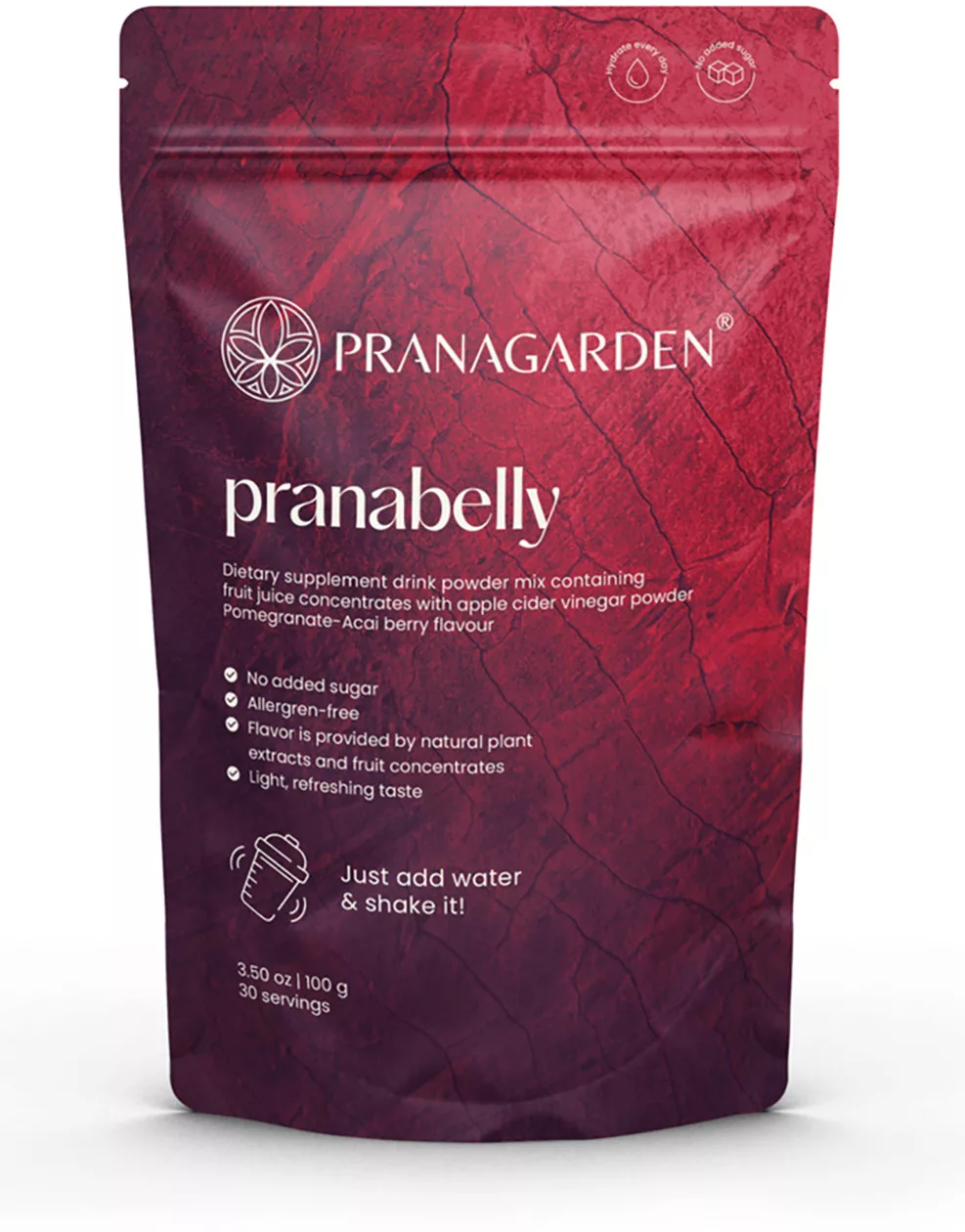 Pranagarden Pranabelly magas rosttartalmú bélflóra támogató pre-probiotikus víz italpor acai és gránátalma- 100g