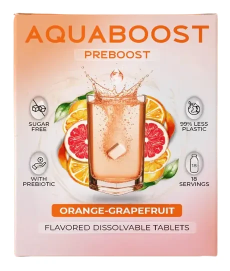 Aquaboost Preboost Narancs-Grépfrút ízű pezsgőtabletta 18db 40g