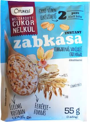 Cornexi Többgabonás Vanilía ízű Zabkása Chia Maggal Édesítőszerrel , HCN 55 g