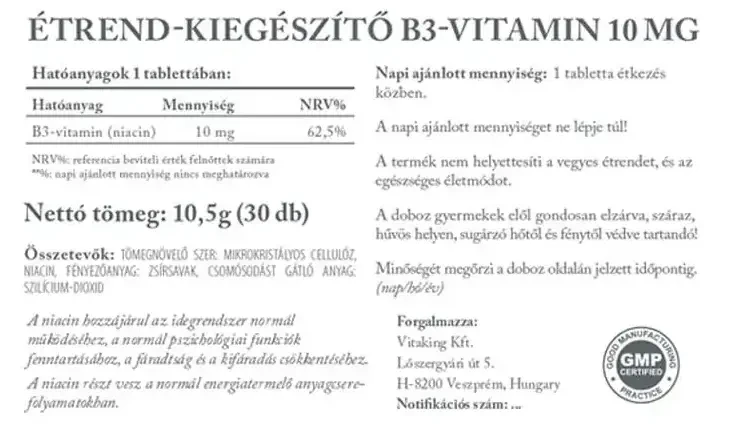 Vitaking Niacin B3-vitamin 10 mg (30db)