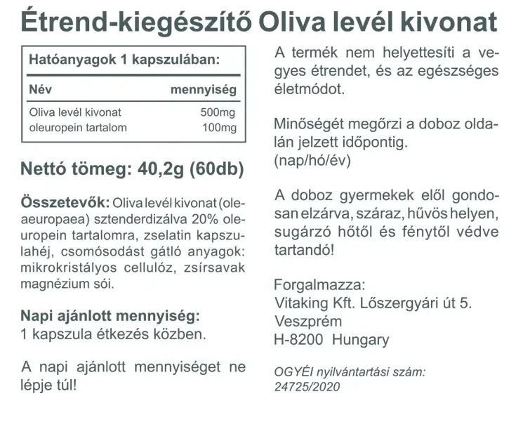 Vitaking Oliva levél kivonat 500 mg 60 db kapszula
