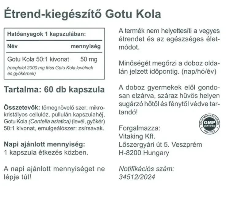 Vitaking Gotu Kola Ázsiai Gázló 2000 mg Kapszula 60 db