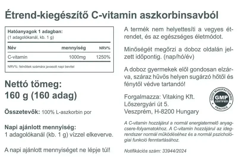 Vitaking Aszkorbinsav C-vitamin 160 g