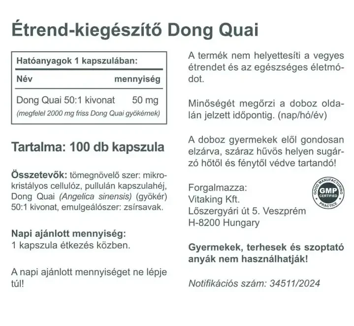 Vitaking Dong Quai Kínai Angyalgyökér 2000 mg kapszula 100 db