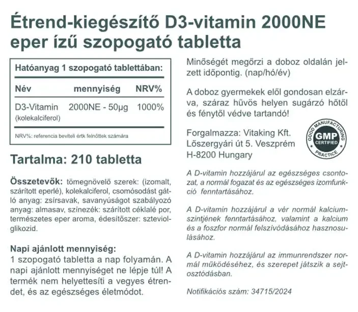 Vitaking D3-vitamin 2000 NE eper ízű rágótabletta 210 db
