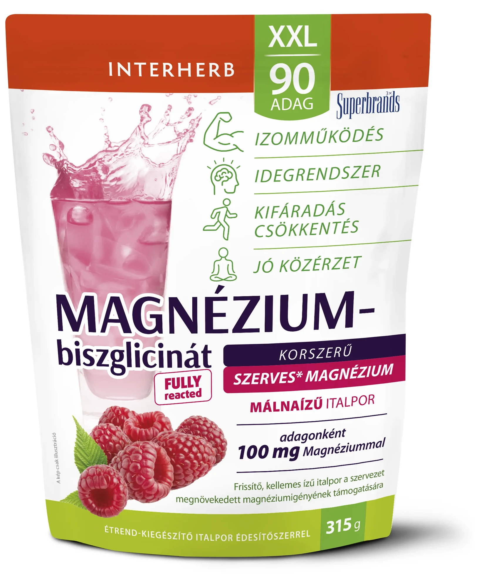 Interherb XXL 90 adag Magnézium-biszglicinát Málna ízű italpor 315 g