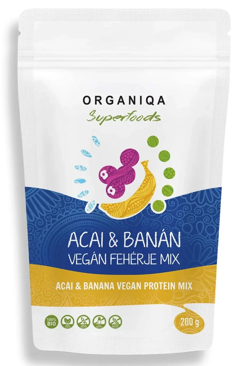 Organiqa BIO Vegán Acai-banán fehérje 200g