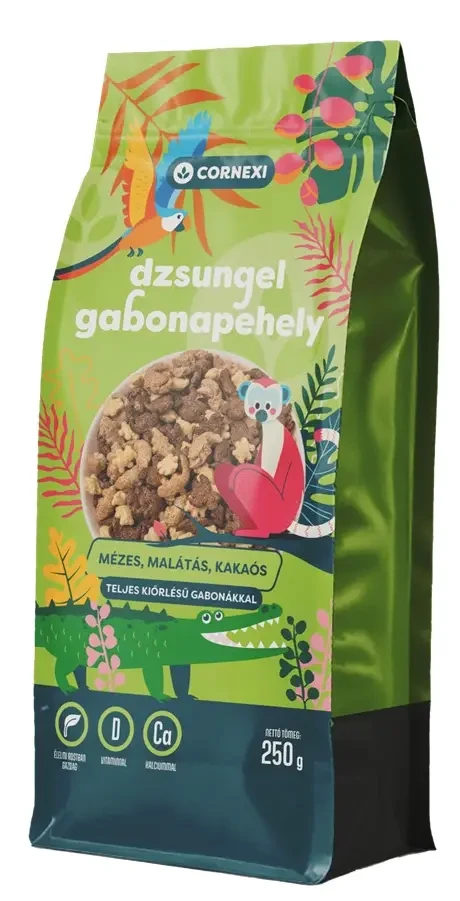 Cornexi Dzsungel mézes, malátás, kakaós gabonapehely teljes kiőrlésű gabonával, kalciummal és D-vitaminnal  250 g