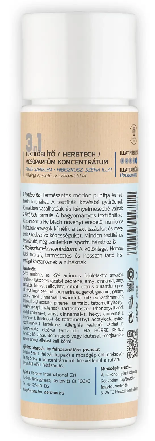 Herbow 3in1 Öblítő és kondicionáló mosóparfüm koncentrátum Fehér szerelem 200ml 40 mosás
