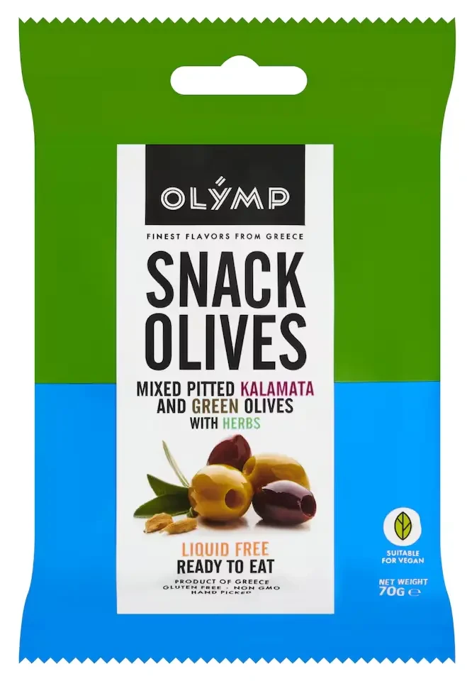 OLYMP Snack Olives Magozott, zöld kalamata olajbogyó gyógynövényekkel 70g