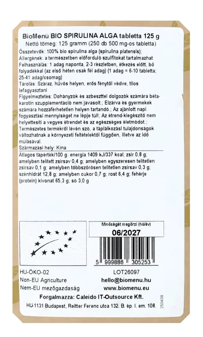 BioMenü BIo Spirulina tabletta 125g