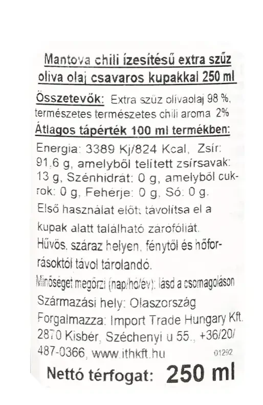 Mantova chili ízesítésű extra szűz olivaolaj csavaros adagolókupakkal 250 ml