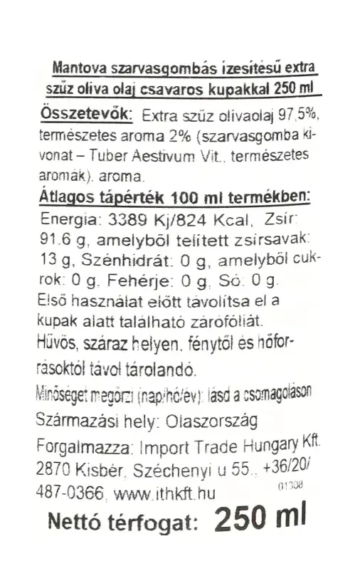 Mantova szarasgomba ízesítésű extra szűz olivaolaj csavaros adagolókupakkal 250 ml