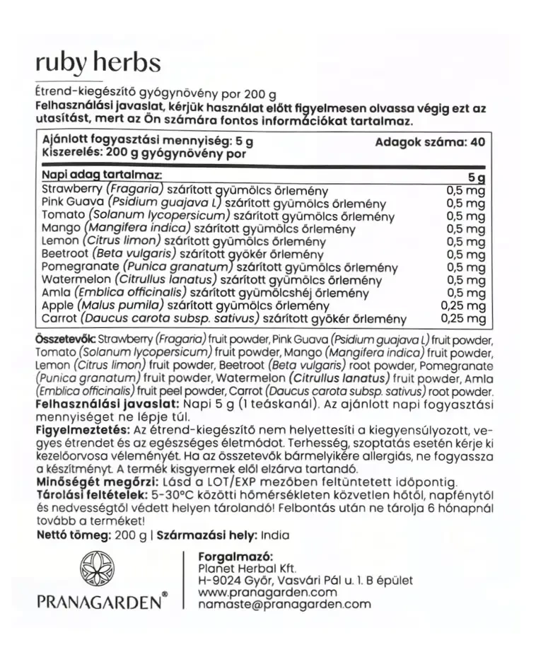 Pranagarden Ruby Herbs Szuperfood Keverék 200g