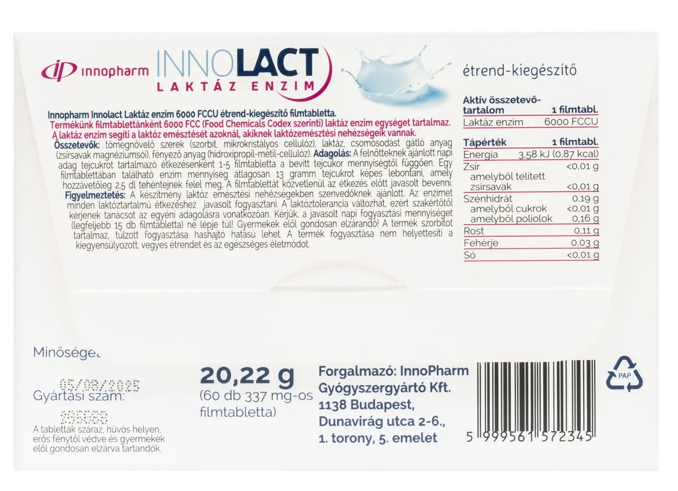 InnoPharm InnoLact Laktáz Enzim 6000 FCCU filmtabletta 60db