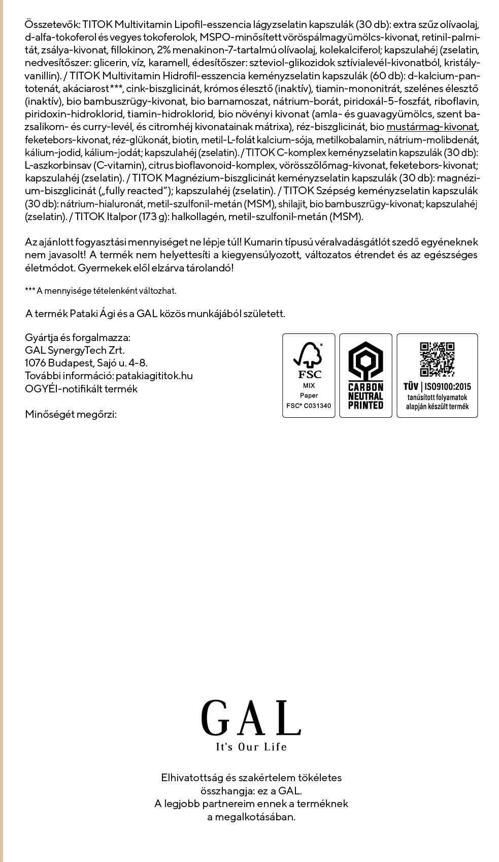 GAL TITOK Multivitamin és Halkollagén Peptidek + MSM 127g