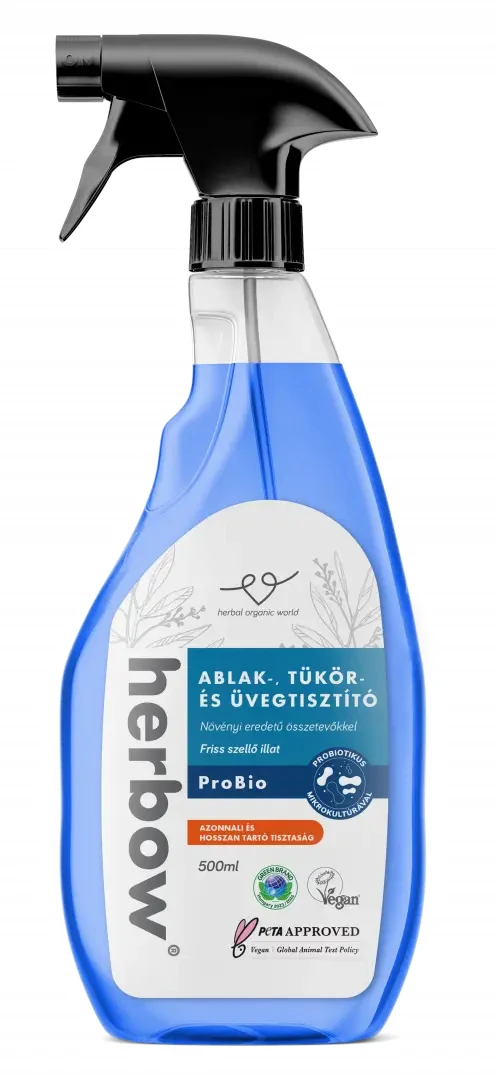 Herbow Ablak-, tükör- és üvegtisztító Probiotikus Spray& Wipe Friss szellő illattal 500 ml