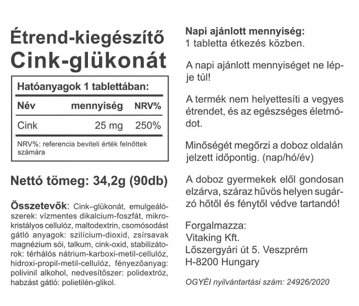 Vitaking Cink Gluconate 25 mg 90 db