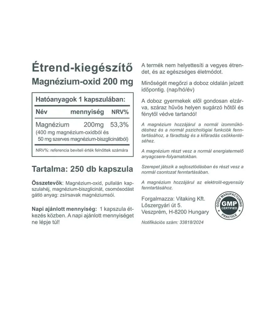 Vitaking Magnézium-oxid 200mg 250db