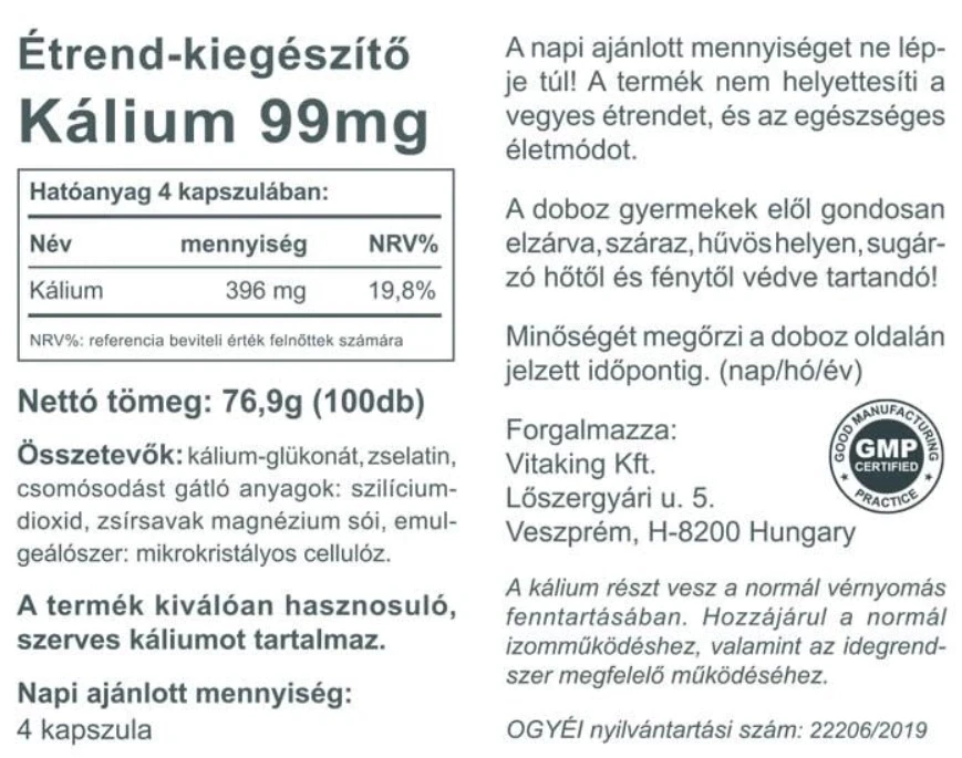VK Kálium Potassium 100db