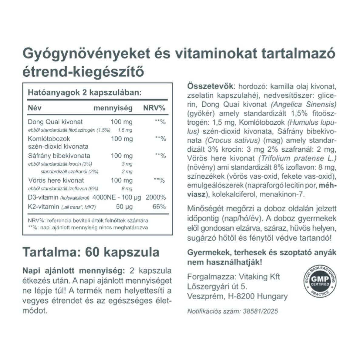Vitaking Gyógynövény Komplex 50+ Nőknek 60db