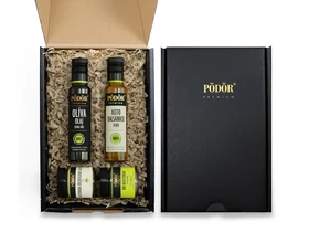 Pödör Mediterrán ajándékcsomag - Díszdobozban (Olívaolaj 100 ml + Aceto Balsamico fehér 100 ml + Mediterrán mustár 130 g + Mediterrán fűszerkeverék 70 g)