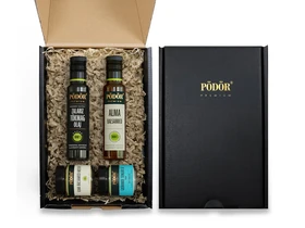 Pödör Gourmet ajándékcsomag - Díszdobozban (Tökmagolaj zalariz 100 ml + Alma Balzsamecet 100 ml + Alma balsamico mustár 130 g + Guerande finom só 120 g)