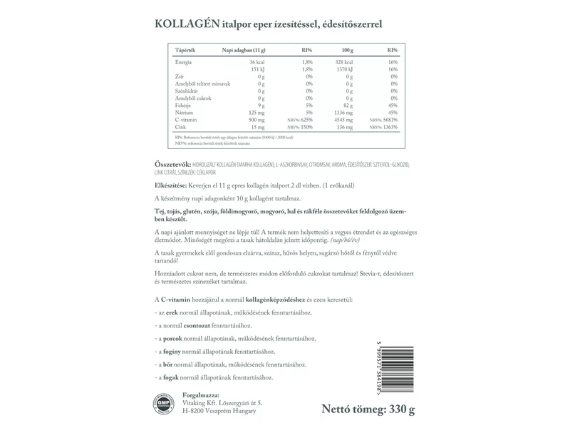 VK Kollagén Eper ízű italpor 3000 dalton 330g