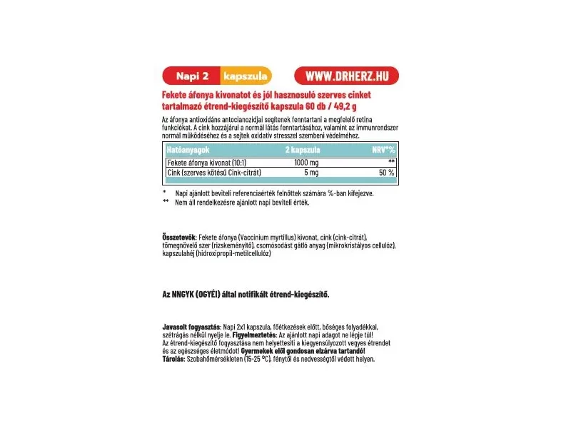 Dr.Herz Fekete Áfonya 500 mg + Szerves Cink 60 db kapszula