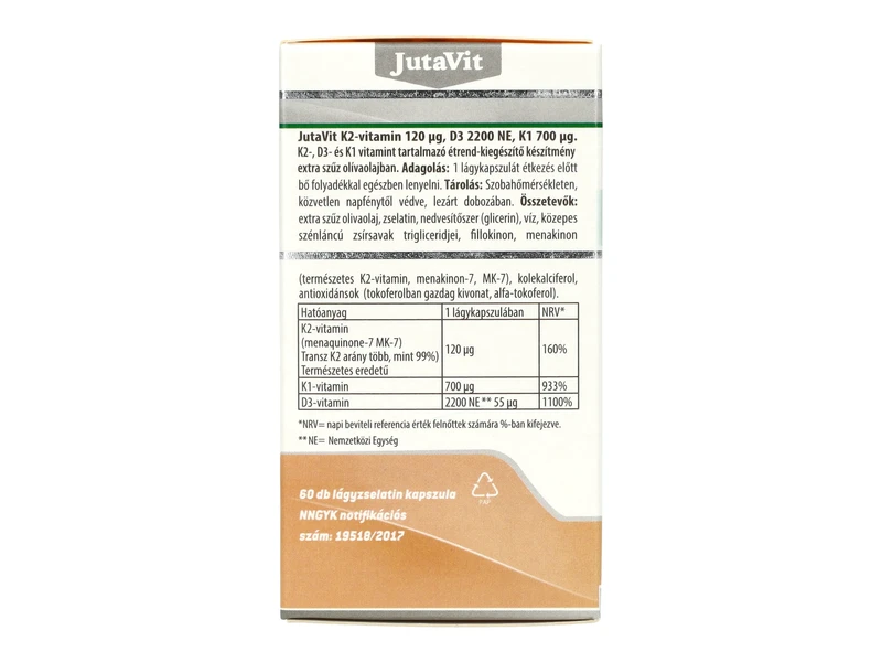 JutaVit K2 (120µg)+ D3(2200NE)+ K1(700µg) vitamin lágyzselatin kapszula 60db