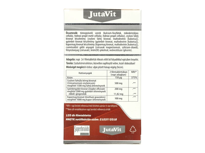 Jutavit Fahéj+Króm+Gyömbér+Kapormag 120 db Filmtabletta